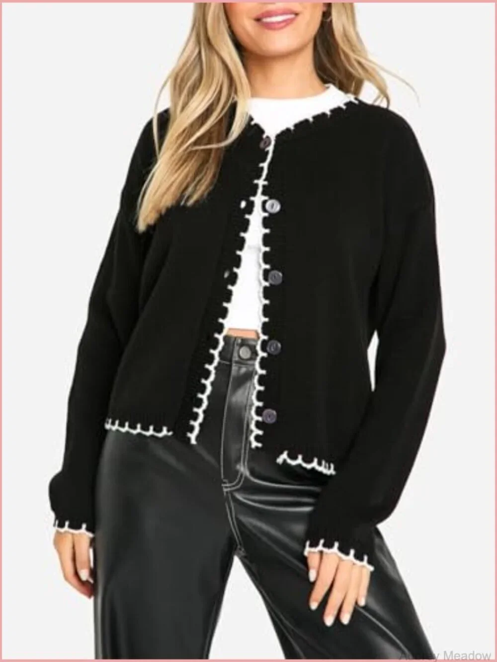 Women Long Sleeve Cardigan Button Down Knit Jacket Open Front Cropped Contrast